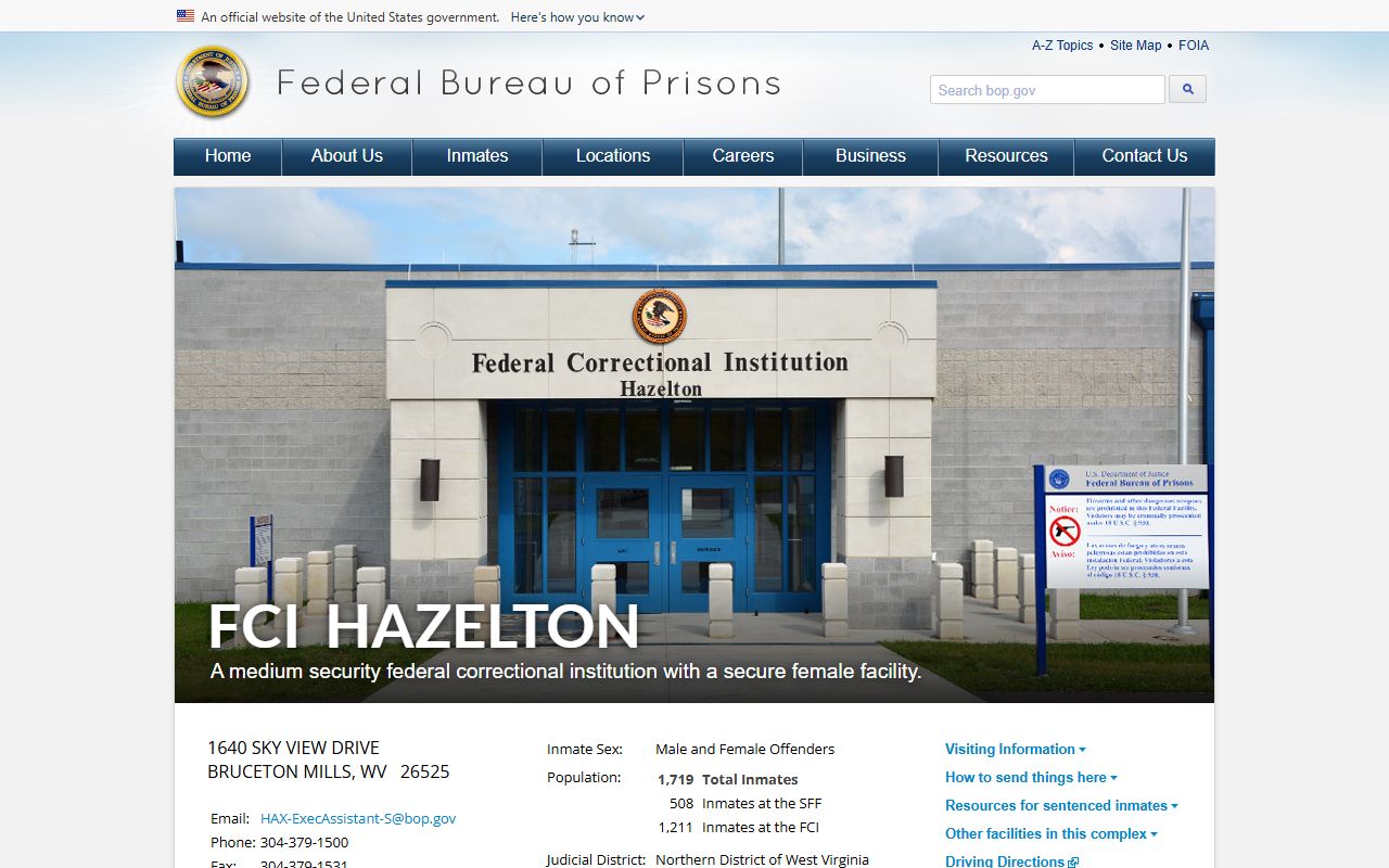 FCI Hazelton BOP inmate search and facility page in Preston County