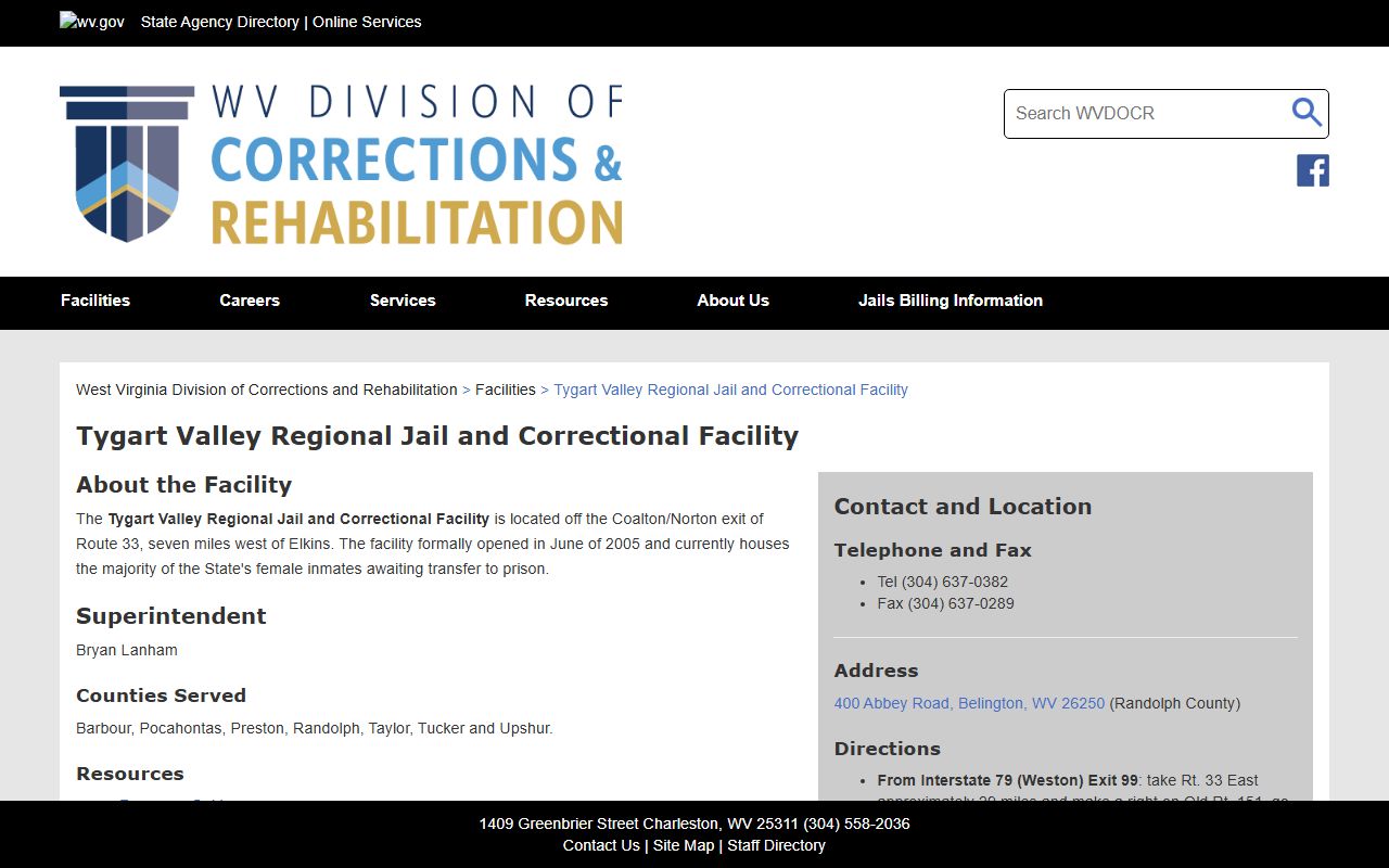 Preston County inmate population Tygart Valley facility information