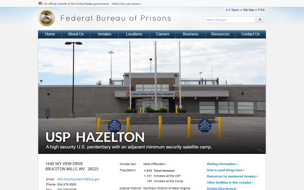 USP Hazelton federal inmate lookup and facility record in Preston County