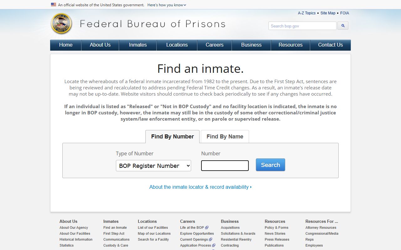 BOP locator search fields for USP Hazelton federal inmates