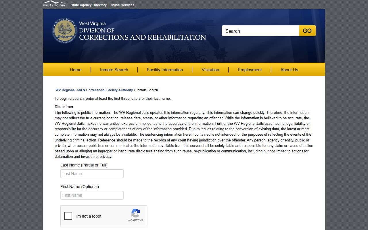 Preston County inmate population WV Regional Jail offender search fields